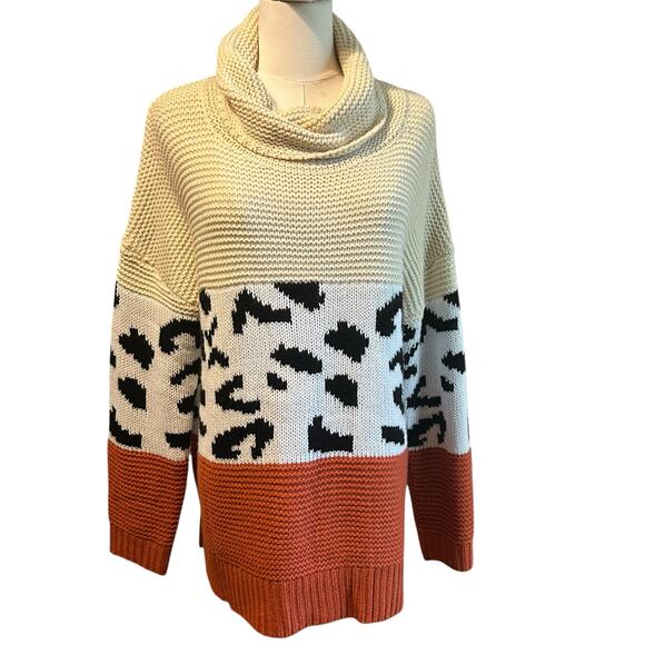Sweater Cowl Neck SZ LG Multi Knit and Colors Cheetah Chunky Eclectic Aralyn Rae - Picture 2 of 9